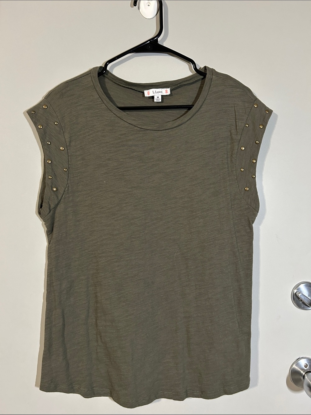 Studded Trim Short Sleeve Olive T shirt by L Love  edgy, rocker, biker, punk,